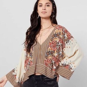 Free People Mix N Match Floral Stripe Blouse Women’s Size XS Peasant Boho Crop